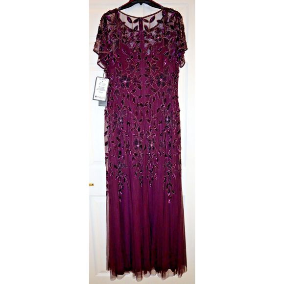 Adrianna Papell Plus Sz 16W Night Plum Hand Beaded S/S Floral Godet Gown $379 - Picture 2 of 10